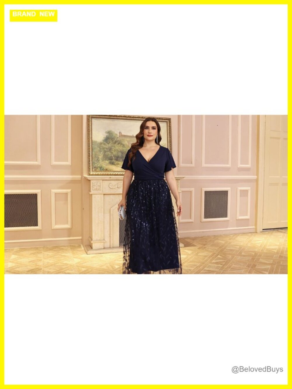 Plus Size Sequin Tulle Formal Maxi Dress V-Neck A-Line Ruffle Sleeve Prom - Picture 6 of 6